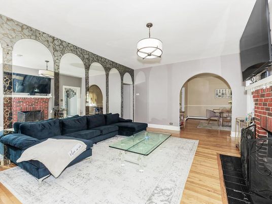 Fireplace, Interior, Living room, Pendant Lights, Stone Walls, Wood Texture Flooring