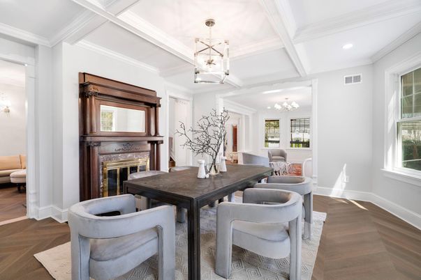 Chandelier, Dining room, Fireplace, Interior, Recessed Lighting, Wood Texture Flooring