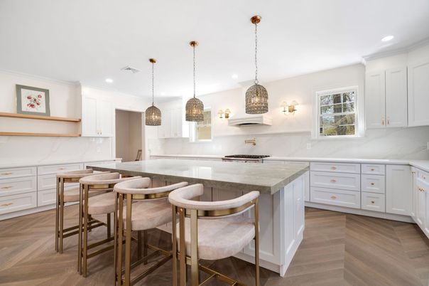 Interior, Kitchen, Marble Walls, Pendant Lights, Recessed Lighting, Wood Texture Flooring