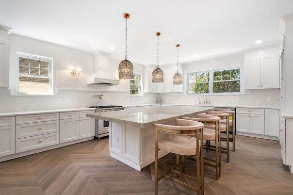 Interior, Kitchen, Marble Walls, Pendant Lights, Recessed Lighting, Wood Texture Flooring