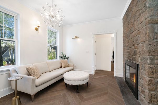 Fireplace, Interior, Living room, Pendant Lights, Stone Walls, Wood Texture Flooring