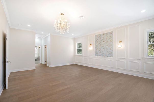 Chandelier, Empty room, Interior, Recessed Lighting, Wood Texture Flooring