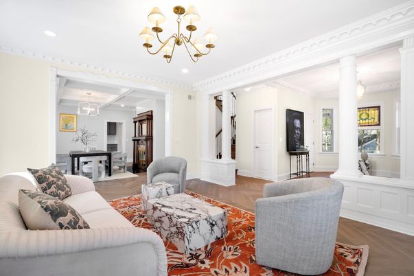 Chandelier, Interior, Living room, Recessed Lighting, Wood Texture Flooring