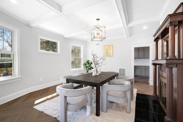 Dining room, Fireplace, Interior, Pendant Lights, Recessed Lighting, Wood Texture Flooring