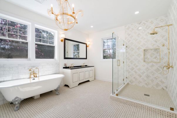 Bathroom, Chandelier, Free Standing Baths, Glass Shower, Interior, Recessed Lighting
