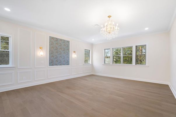 Chandelier, Empty room, Interior, Recessed Lighting, Wood Texture Flooring