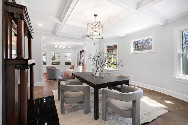 Chandelier, Dining room, Interior, Pendant Lights, Recessed Lighting, Wood Texture Flooring