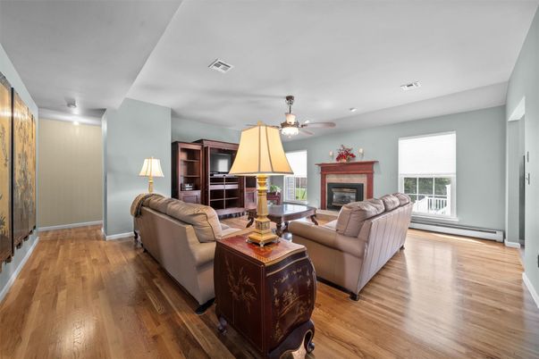 Fireplace, Interior, Living room, Recessed Lighting, Wood Texture Flooring