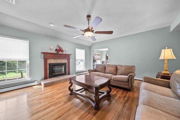 Fireplace, Interior, Living room, Recessed Lighting, Wood Texture Flooring