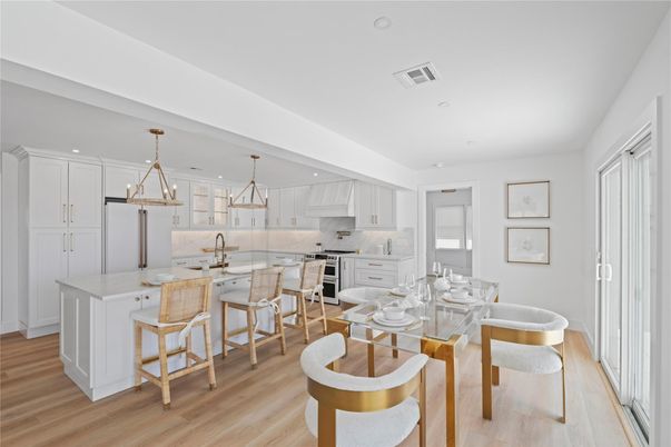 Dining room, Interior, Kitchen, Pendant Lights, Recessed Lighting, Stainless Steel Appliances, Wood Texture Flooring