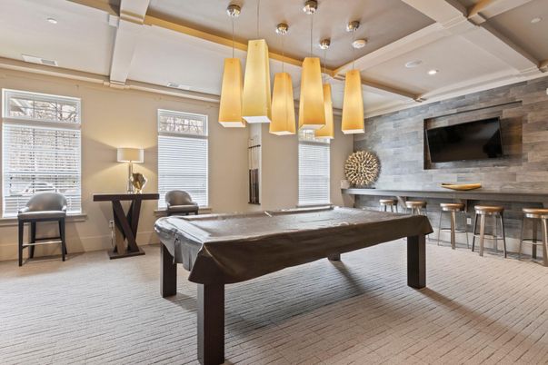 Billiard Table, Game Room, Interior, Pendant Lights, Recessed Lighting, Stone Walls