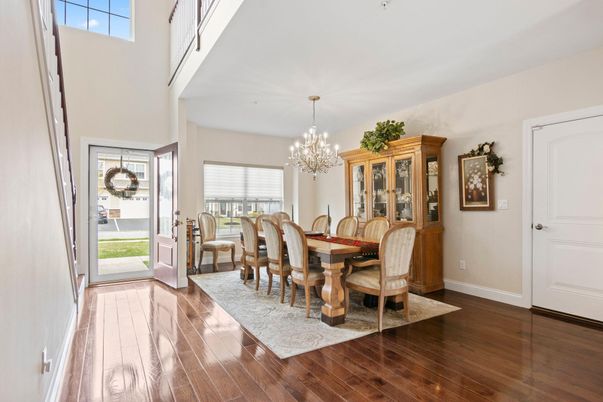 Chandelier, Dining room, Interior, Wood Texture Flooring