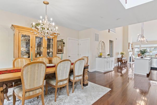 Chandelier, Dining room, Interior, Pendant Lights, Wood Texture Flooring