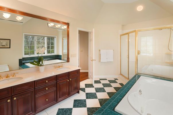 Bathroom, Dual Sink Vanities, Glass Shower, Interior, Recessed Lighting, Tile Countertops