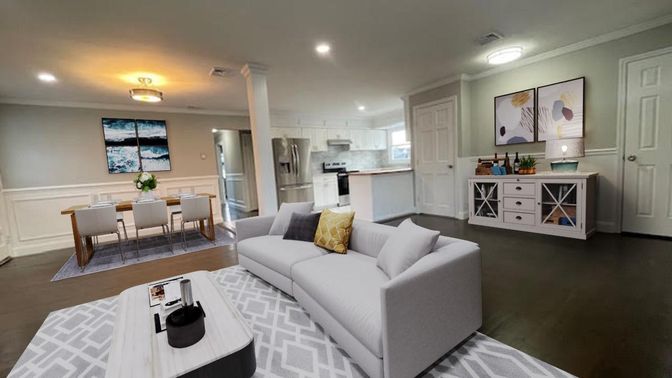 Dining room, Interior, Kitchen, Living room, Recessed Lighting, Stainless Steel Appliances, Wood Texture Flooring