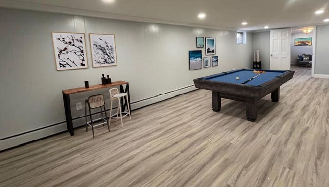 Billiard Table, Game Room, Interior, Recessed Lighting, Wood Texture Flooring