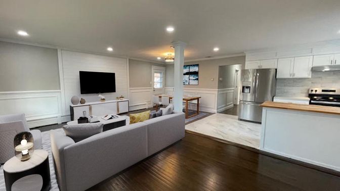Interior, Kitchen, Living room, Recessed Lighting, Stainless Steel Appliances, Wood Texture Flooring