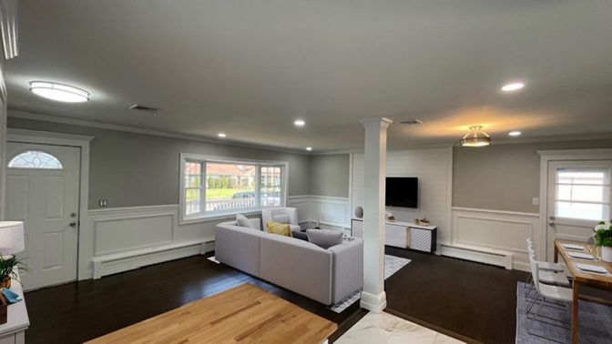 Interior, Living room, Recessed Lighting, Wood Texture Flooring