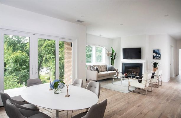 Dining room, Fireplace, Interior, Living room, Recessed Lighting, Wood Texture Flooring