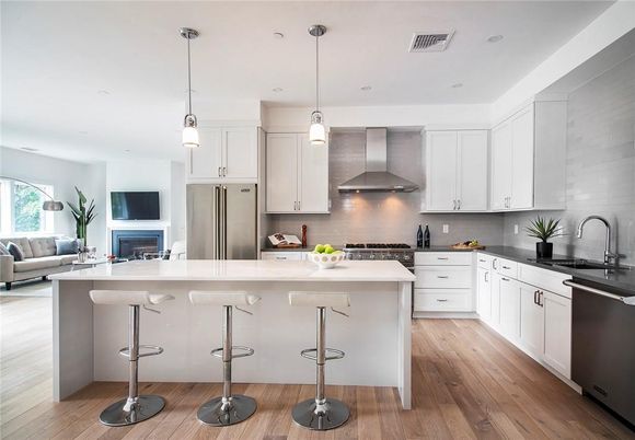 Interior, Kitchen, Living room, Pendant Lights, Recessed Lighting, Stainless Steel Appliances, Wood Texture Flooring