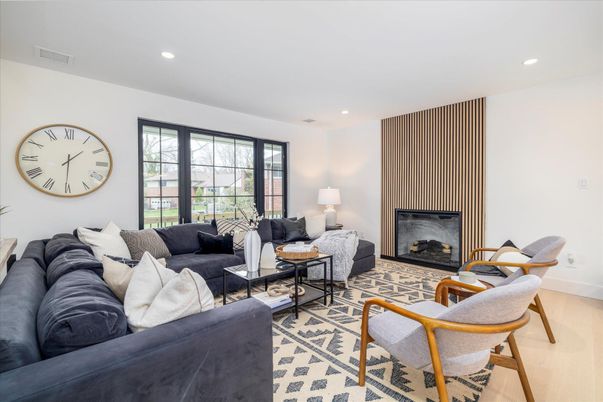 Fireplace, Interior, Living room, Recessed Lighting, Wood Texture Flooring