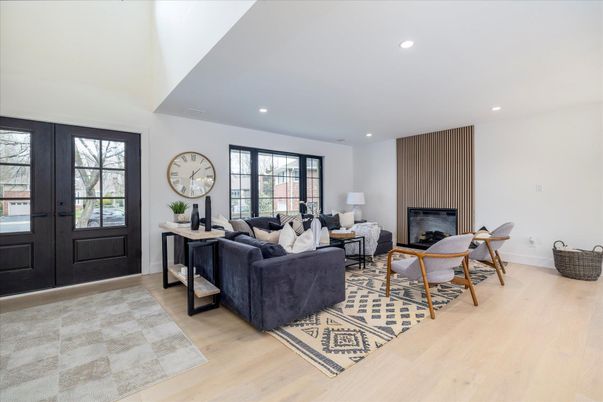 Fireplace, Interior, Living room, Recessed Lighting, Wood Texture Flooring