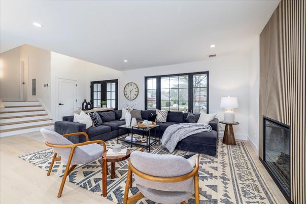 Fireplace, Interior, Living room, Recessed Lighting, Wood Texture Flooring