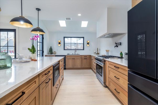 Interior, Kitchen, Pendant Lights, Recessed Lighting, Stainless Steel Appliances, Wood Texture Flooring