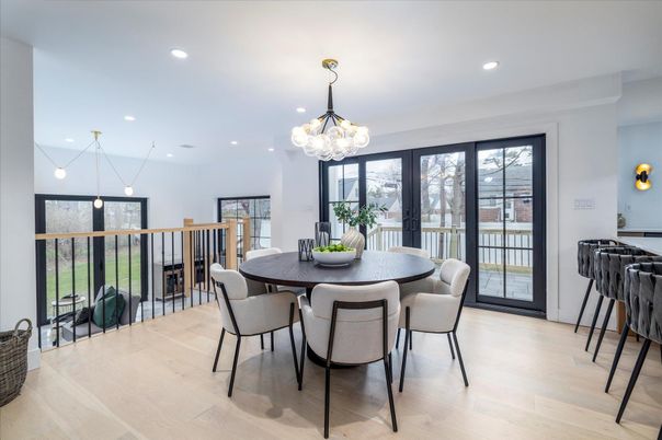 Dining room, Interior, Pendant Lights, Recessed Lighting, Wood Texture Flooring