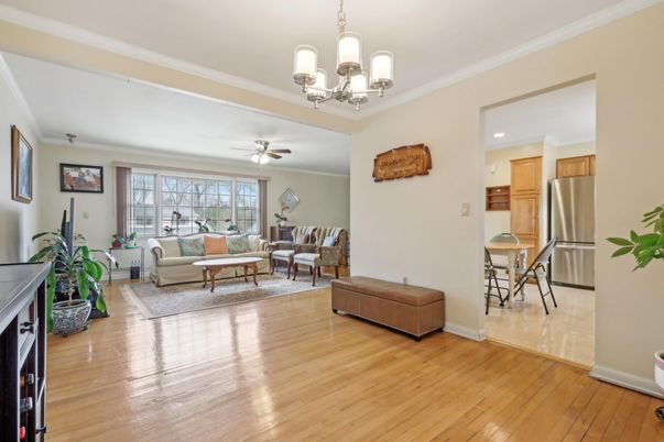 Chandelier, Interior, Kitchen, Living room, Recessed Lighting, Stainless Steel Appliances, Wood Texture Flooring