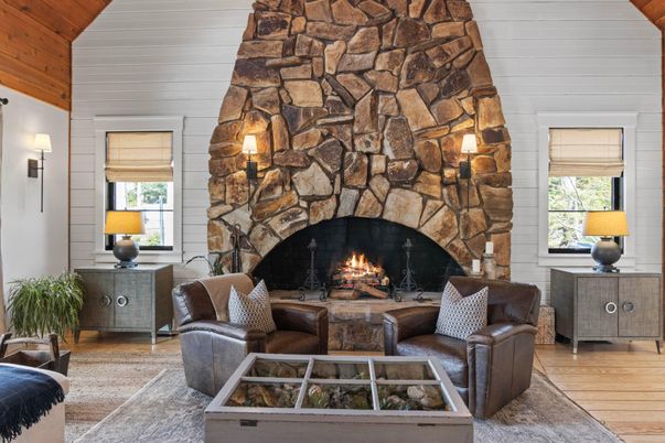 Fireplace, Interior, Living room, Stone Walls, Wooden Ceilings, Wood Texture Flooring
