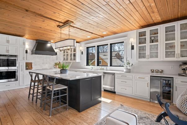 Interior, Kitchen, Pendant Lights, Recessed Lighting, Stainless Steel Appliances, Wooden Ceilings, Wood Texture Flooring