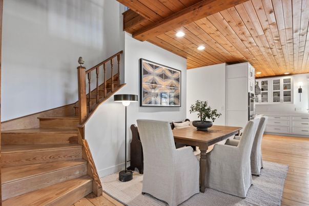 Dining room, Interior, Recessed Lighting, Wooden Beams, Wooden Ceilings, Wood Texture Flooring