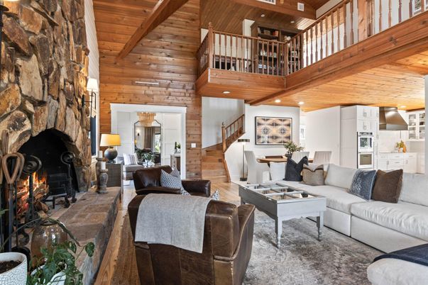 Dining room, Fireplace, Interior, Kitchen, Living room, Recessed Lighting, Stone Walls, Wooden Beams, Wooden Ceilings, Wooden Walls