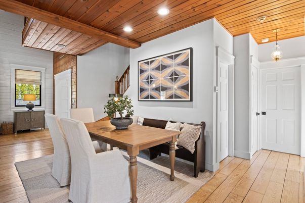 Dining room, Interior, Pendant Lights, Recessed Lighting, Wooden Beams, Wooden Ceilings, Wood Texture Flooring