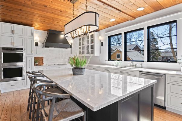 Interior, Kitchen, Pendant Lights, Recessed Lighting, Stainless Steel Appliances, Wooden Ceilings, Wood Texture Flooring