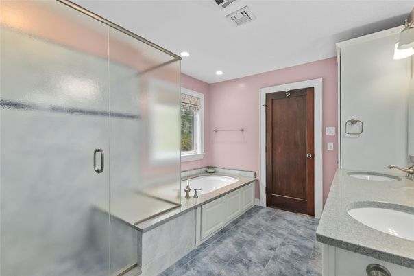 Bathroom, Dual Sink Vanities, Glass Shower, Interior, Recessed Lighting