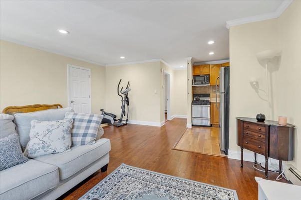 Interior, Kitchen, Living room, Recessed Lighting, Stainless Steel Appliances, Wood Texture Flooring