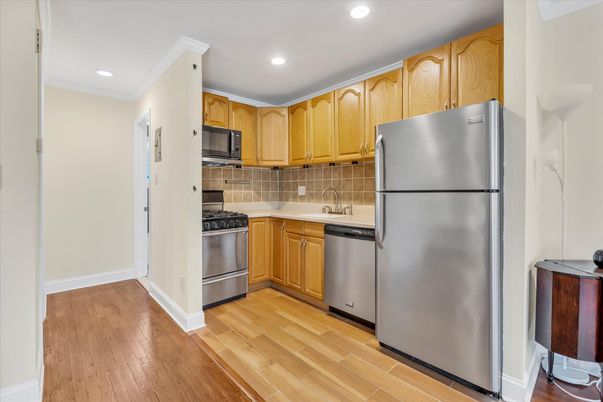 Interior, Kitchen, Recessed Lighting, Stainless Steel Appliances, Wood Texture Flooring