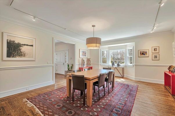Dining room, Interior, Pendant Lights, Wood Texture Flooring