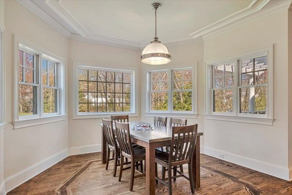 Dining room, Interior, Pendant Lights, Wood Texture Flooring