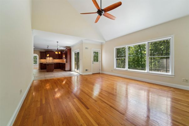 Empty room, Interior, Kitchen, Pendant Lights, Wood Texture Flooring