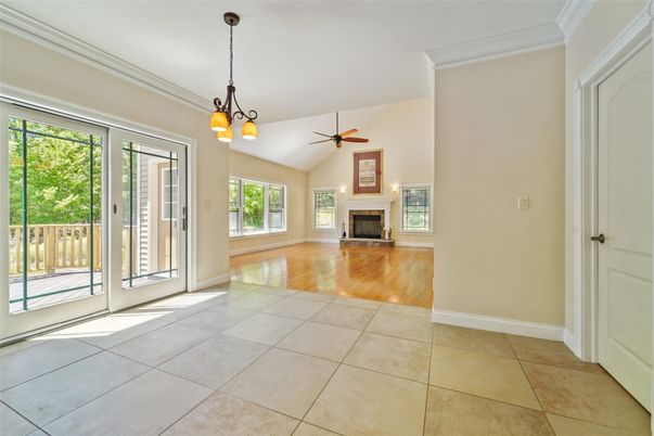 Empty room, Fireplace, Interior, Pendant Lights, Wood Texture Flooring