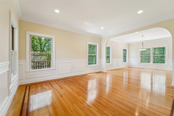 Empty room, Interior, Pendant Lights, Recessed Lighting, Wood Texture Flooring