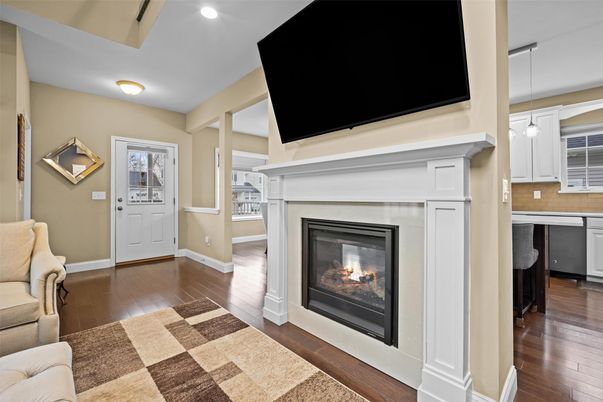 Fireplace, Interior, Kitchen, Pendant Lights, Recessed Lighting, Wood Texture Flooring