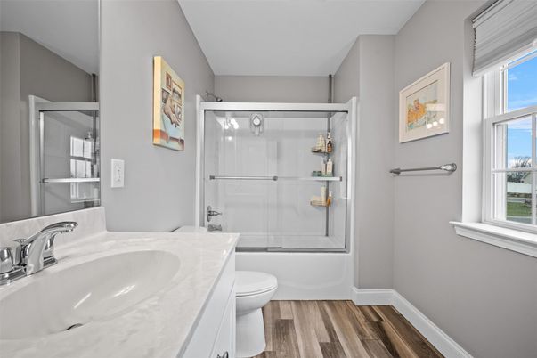 Bathroom, Glass Shower, Interior, Wood Texture Flooring