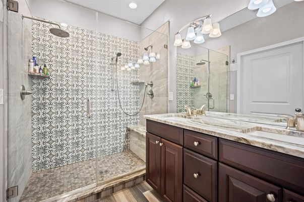 Bathroom, Glass Shower, Interior, Recessed Lighting, Wood Texture Flooring