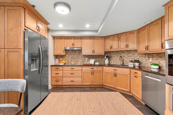 Interior, Kitchen, Recessed Lighting, Stainless Steel Appliances, Wood Texture Flooring