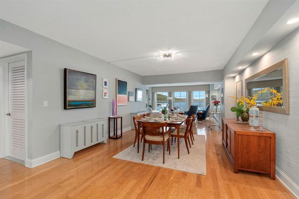 Dining room, Interior, Recessed Lighting, Wood Texture Flooring