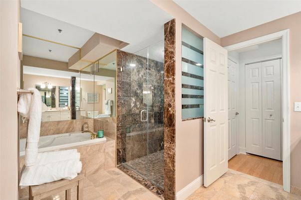 Bathroom, Glass Shower, Interior, Recessed Lighting, Wood Texture Flooring